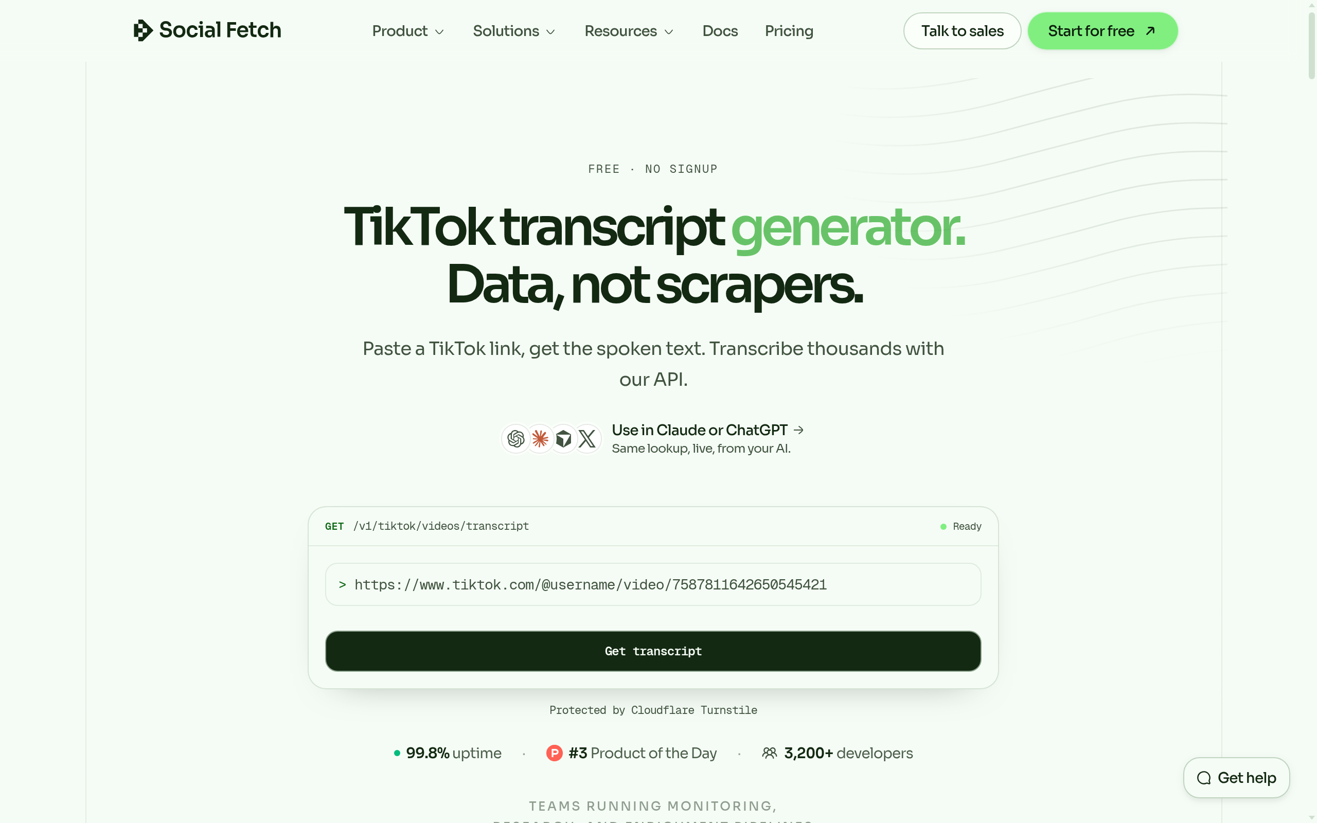 The free Social Fetch TikTok transcript generator page with a TikTok link field and a Get transcript button
