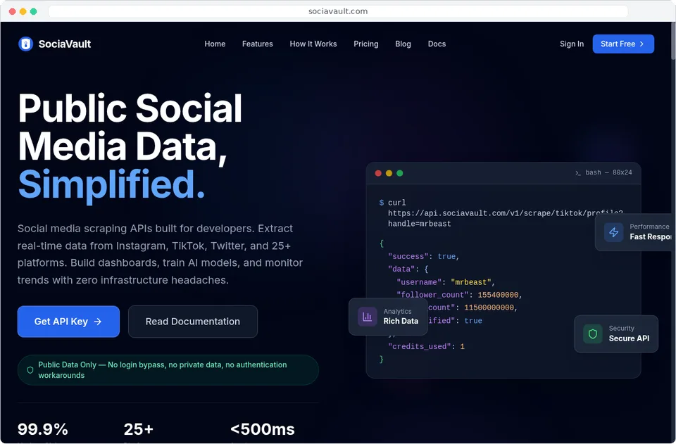 SociaVault homepage: Public Social Media Data, Simplified