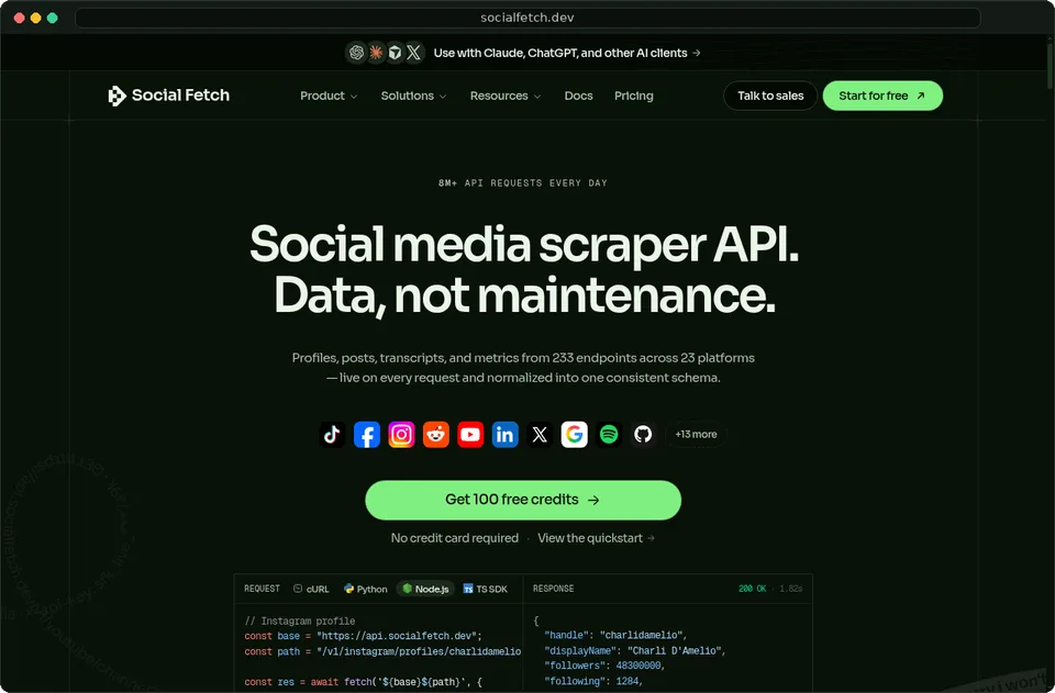Social Fetch homepage in dark mode: social media scraper API with 233 endpoints across 23 platforms