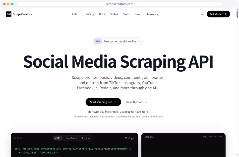 ScrapeCreators homepage: Social Media Scraping API
