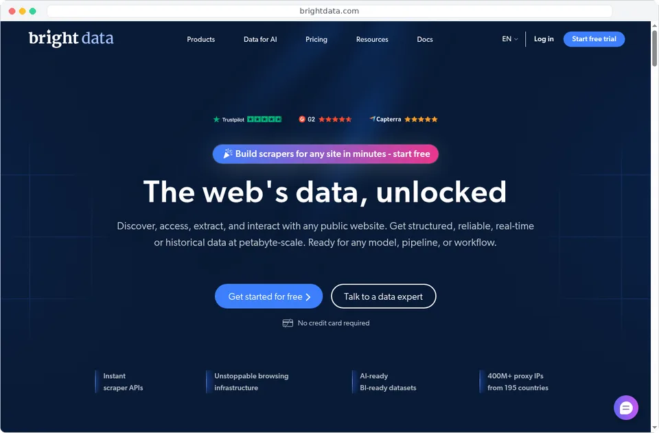 Bright Data homepage: The web's data, unlocked
