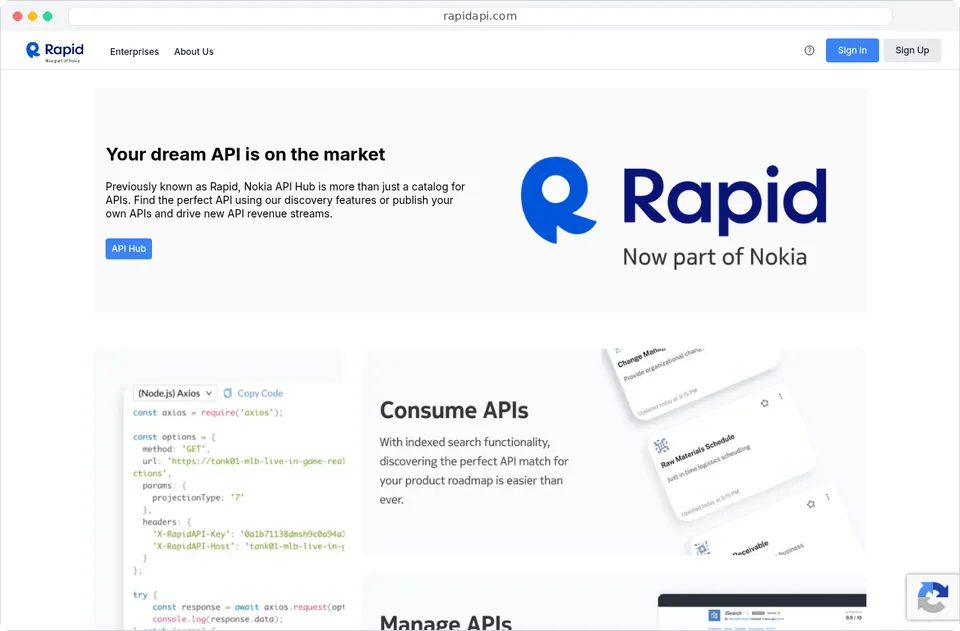 RapidAPI homepage, now Rapid, part of Nokia