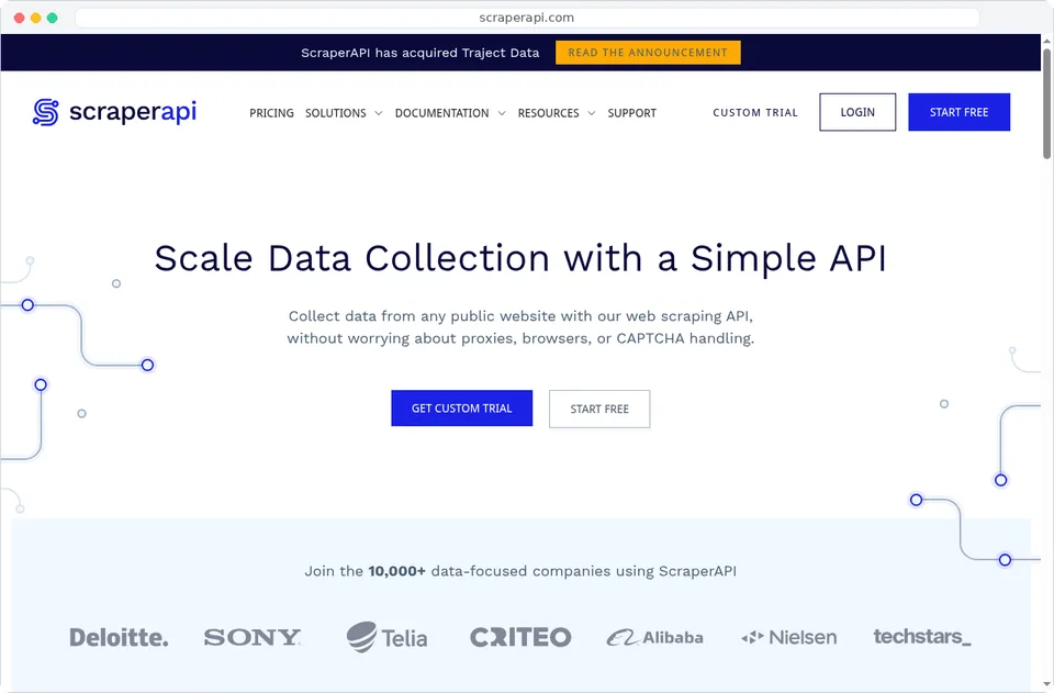 ScraperAPI homepage: Scale data collection with a simple API