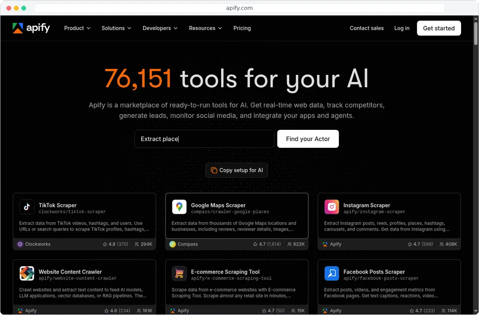Apify homepage: marketplace of ready-to-run scraping tools