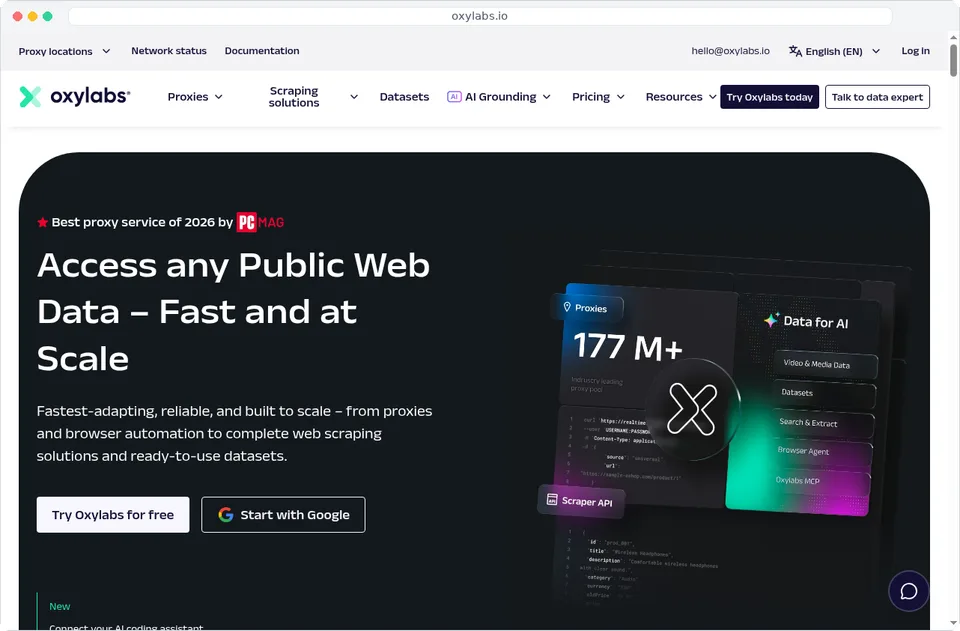 Oxylabs homepage: Access any public web data, fast and at scale
